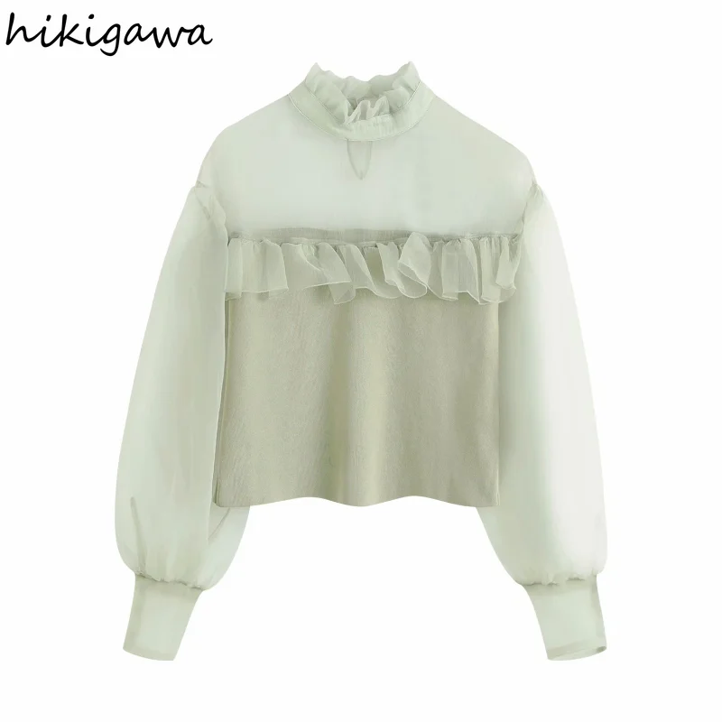 

Hikigawa Shirts Autumn High Street Fashion Elegant All-match Women's Blouse Organza Knitted Tops Blusas Korean Fashion Shirt