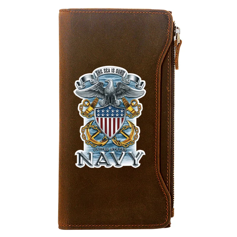 

Classic United States Navy Veteran Printing Genuine Leather Wallet Men Long Purse With Phone Bag Zipper Card Holder Clutch