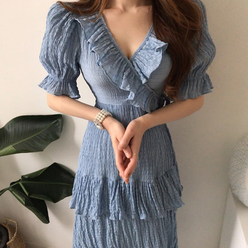 

Summer Elegant Women Ruffles Maxi Dress Short Sleeve Sexy V-Neck Chic Korean Lady Bodycon Party Dresses A Line Lace Up Vestidos