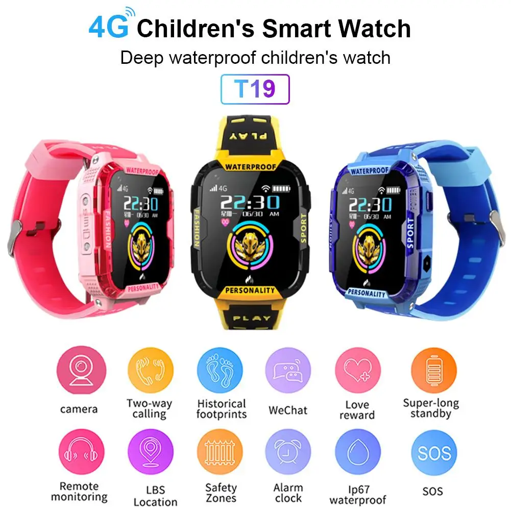 

T19 Kids Waterproof Smart Watch GPS WIFI LBS Location Tracker SOS Smart Monitoring Positioning 1.4 Inch Display HD 4G Video Call