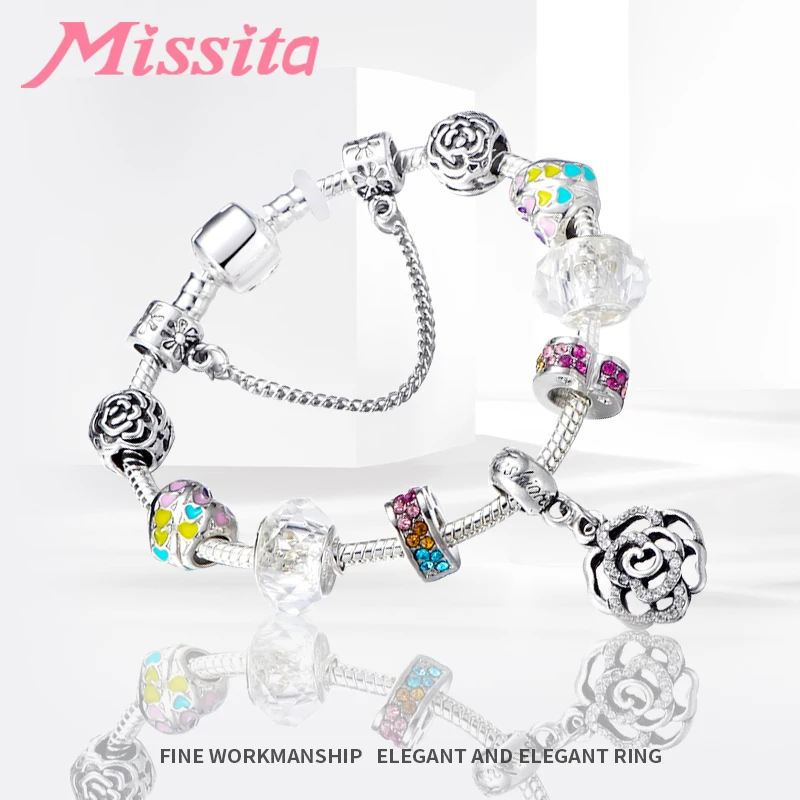 

MISSITA Women Rainbow Rose Pendant Charm Bracelet Bangle Silver Color Plated Decoration Brand Bracelet for Women Anniversary