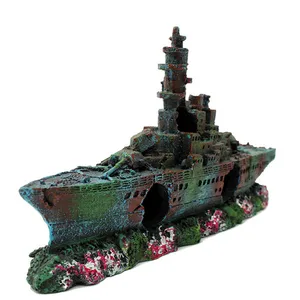 Resin Artificial Fish Tank Sunk Boat Decoration Navy Destroyer Vessel Aquarium Wreck Sunk Ship Ornament Hiding Shelter For Fish