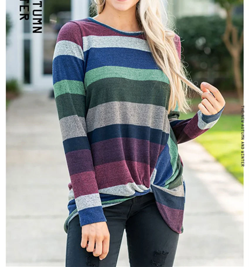Разноцветные толстовки женские пуловеры полосатые 2019 Осенняя Толстовка с