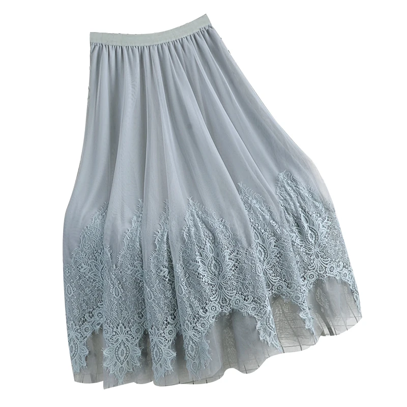 

2020 autumn winter women's new high waist slim mid-length double-layer mesh crochet hollow lace stitching skirt