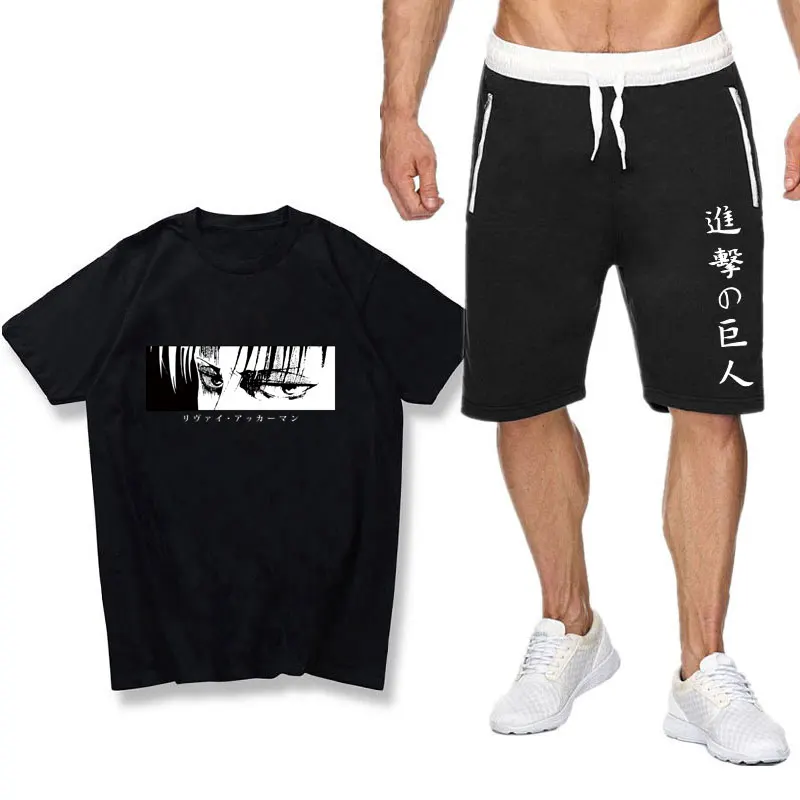 

Summer Two Piece Set Japanese anime cotton men's T-shirt + sports men's sets Attack On Titan Shorts pantsuit T Shirts Sets