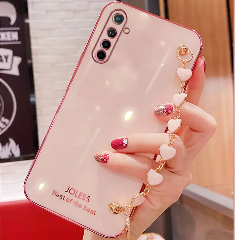 wrist chain love heart phone case for oppo realme xt luxury camera protective cover realme x2 x3 superzoom 7 6 pro silicone case free global shipping