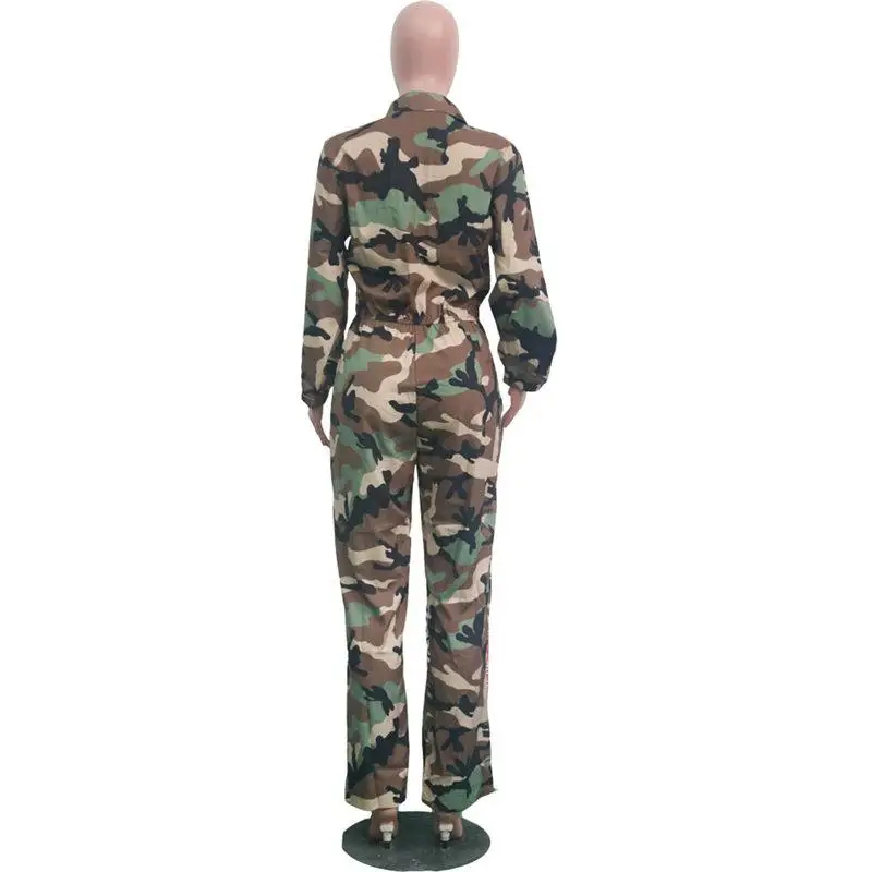 

women jumpsuits new sexy zip open turn-down neck long sleeve camouflage safari style fashion rompers outfits