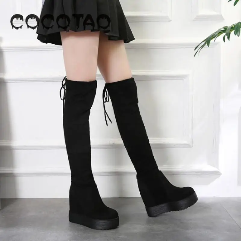 Новинка 2019 г. Сапоги до колена на толстой подошве увеличивающие рост модные новые