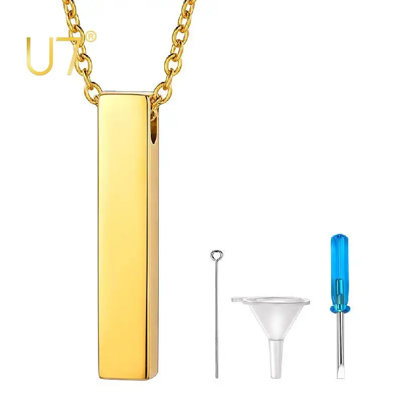 

U7 Simple Bar Necklace Hold Urn Ashes Gold Link Chain Vertical Bar Keepsake Cremation Jewelry for Human Pet Memorials