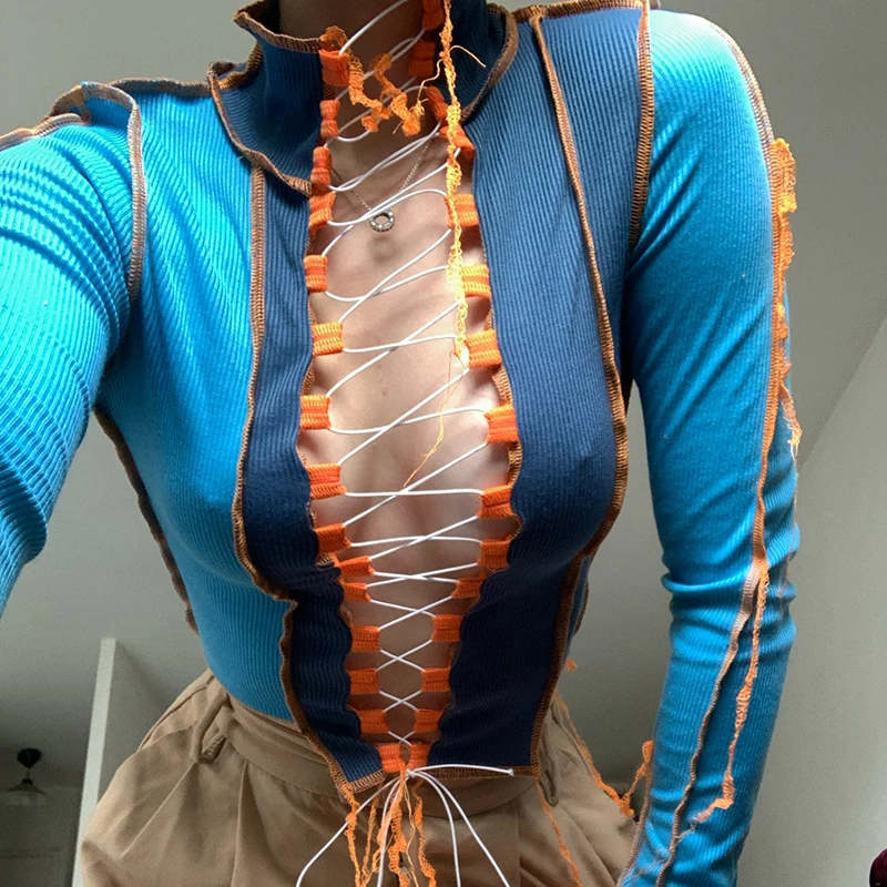 

Simenual, лоскутные, сексуальные, открытые, женские, галстук спереди, Топ с длинным рукавом, хит продаж, облегающие, Клубные, на день рождения, реб...