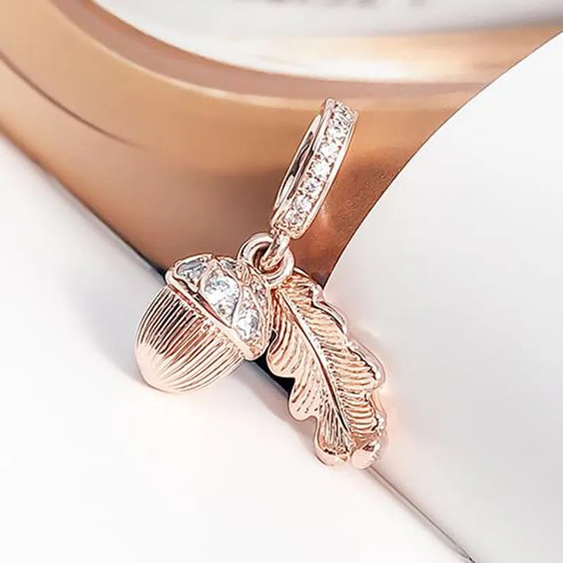 

100% 925 Sterling Silver Charm Rose Gold Acorn And Falling Leaves Pendant Fit Pandora Women Bracelet & Necklace Diy Jewelry