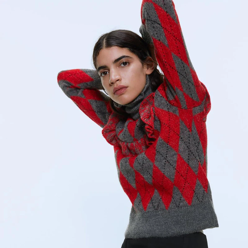 ZOEPO каскадные свитера с Аргайлом женская мода зимняя водолазка тонкий свитер