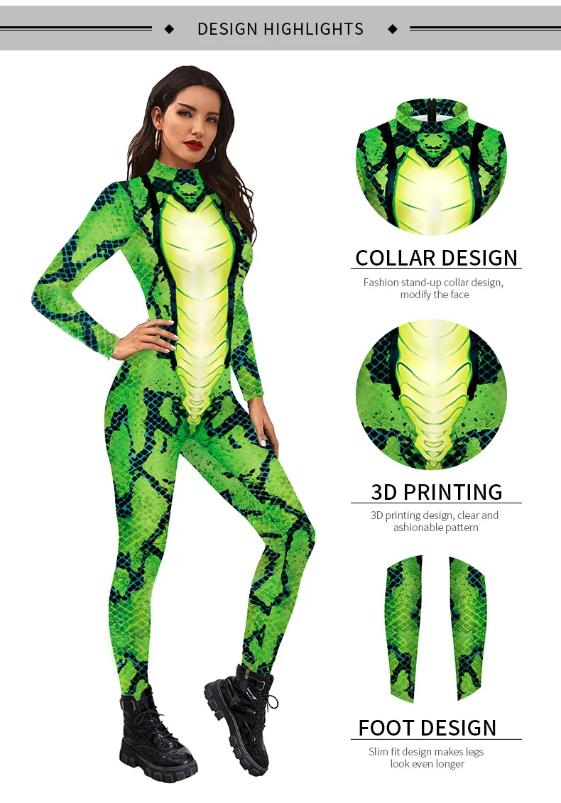 Female Adult Cosplay Costume Animal Series Digital Printed Snake Slim Fit Jumpsuit for Theme Party |