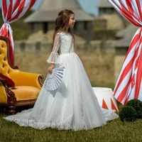 ivory lace flower girls dresses for kid weddings sweep train long sleeve formal children wear for holy communion vestidos