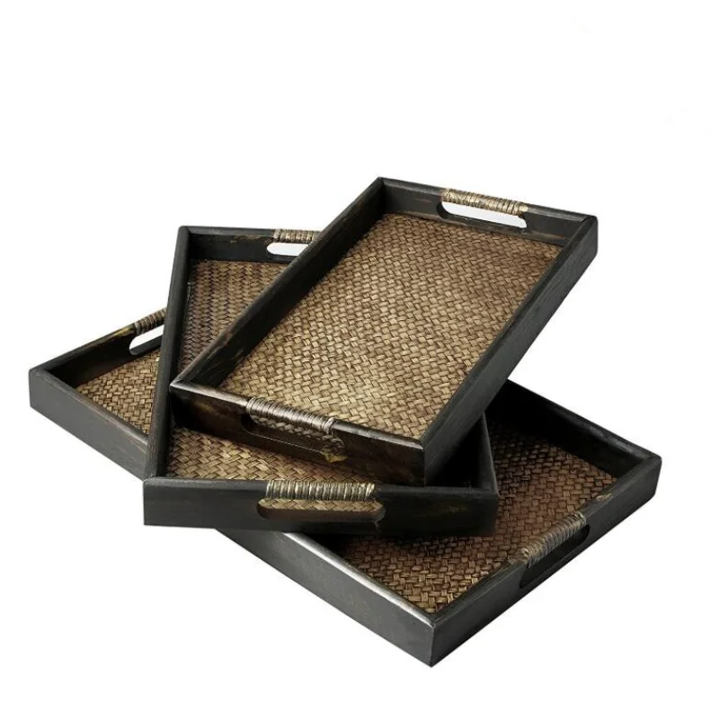 

Set of 3 Dark Brown Wood &Woven Rattan Nesting Serving Tray Asian Rustic Style Rectangular Wood Tea Tray With Cut-Out Handles