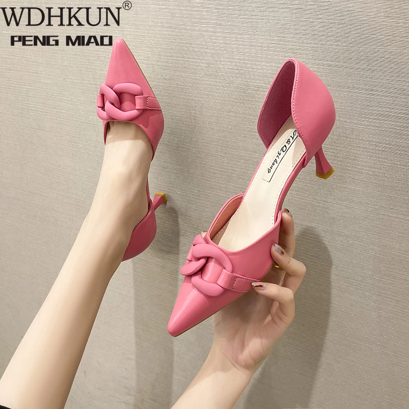 

Fashion Women Pumps Pointed Toe Metal Chain Sweet Style Purple Pink Office Dress Shoes Party Pumps Thin High Heels Elegant Pumps