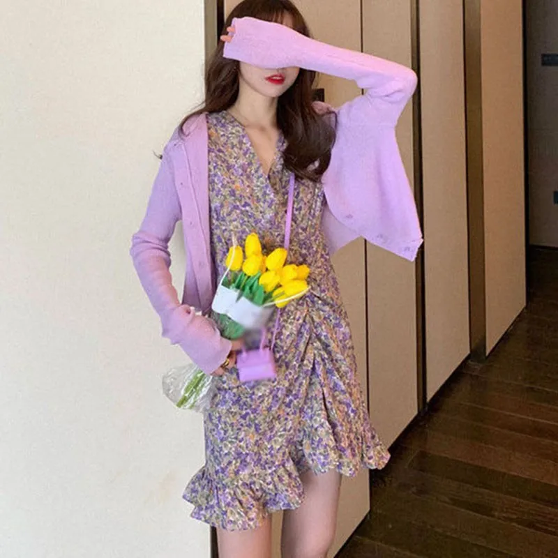 

Women's Summer Ruffled Chiffon Floral Dress Short Sleeve French Style Ladies Slim Waisted Vestidos 2021. .,