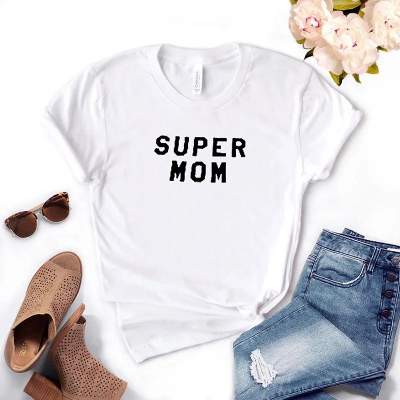 Белый Женская футболка с принтом SUPER MOM, хлопковая Повседневная забавная футболка, подарок для леди Yong Girl, уличный Топ, футболка, 6 цветов, MF-12 - Цвет: Белый