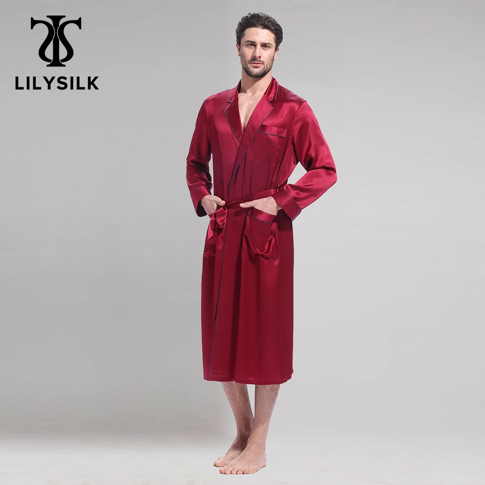 LILYSILK Silk Robe Bathrobe Sleepwear Kimono Men Night Designer Long Sleeve Belt Pockets Brand Turn Down Collar Free Shipping