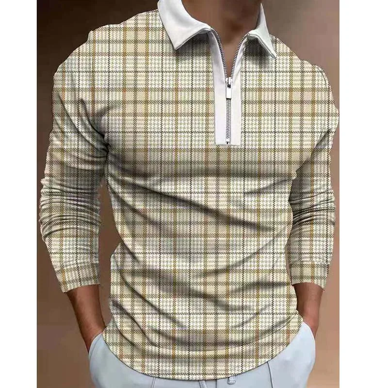 Autumn Casual Polo Shirt Men Fashion Print Black White Plaid Pattern Long Sleeve Zipper Slim Fit Polo Shirt for men Plus Size