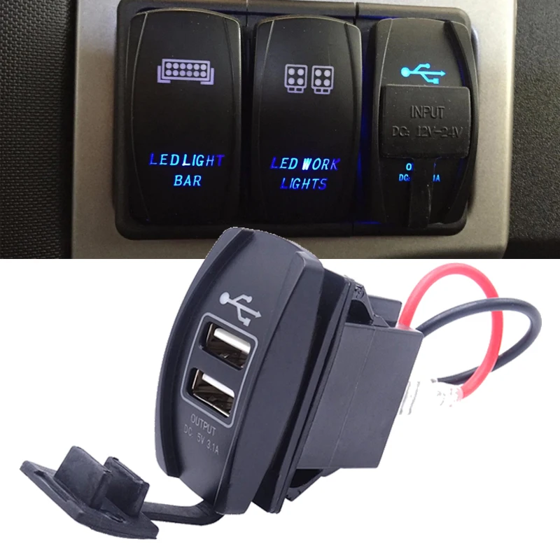 

Universal Fit any 12-24V car, motorcycle, electric car, ATV, UTV Dual USB Power Charger Carling ARB Rocker Switch Blue LED Light