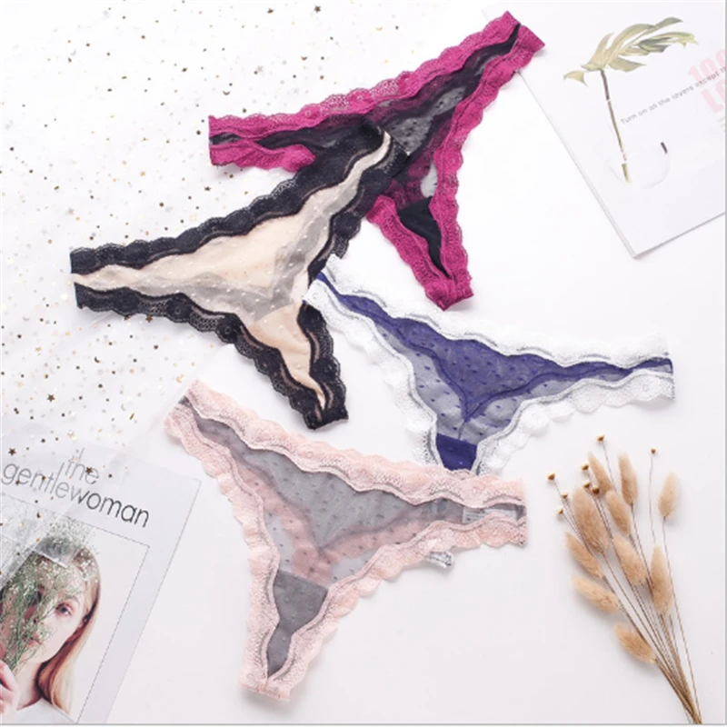 

Summer 2020 sexy lace ladies thong, transparent mesh stitching, contrast color t pants, temptation, seamless wave side, plus siz