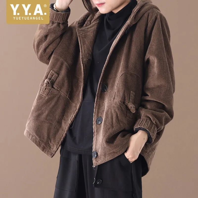 

Designer New Winter Casual Oversize Loose Womens Corduroy Jackets Vintage Buckle Thick Warm Solid Female Hooded Short Coats