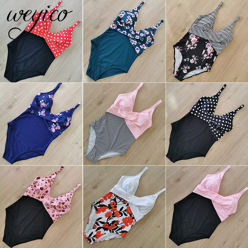 Цельный пикантный женский купальник в горошек пуш ап полосатый цветочный