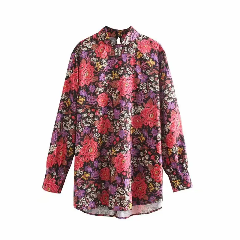 Новинка Женская винтажная блузка с воротником стойкой и цветочным принтом