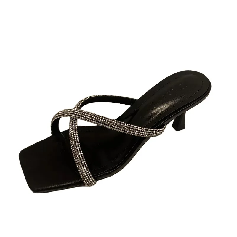 

Rubber Flip Flops High-Heeled Shoes Lady Slippers Women Summer Luxury Slides Pantofle Square Toe Low Hawaiian Designer 2021 PU F