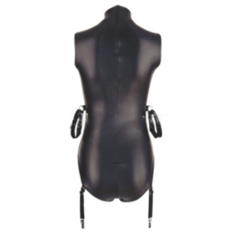 

Women Oversized Clothes Black Matte Faux Leather One-piece Bodysuit Female Open Crotch Nightclub Stage Performance Costumes