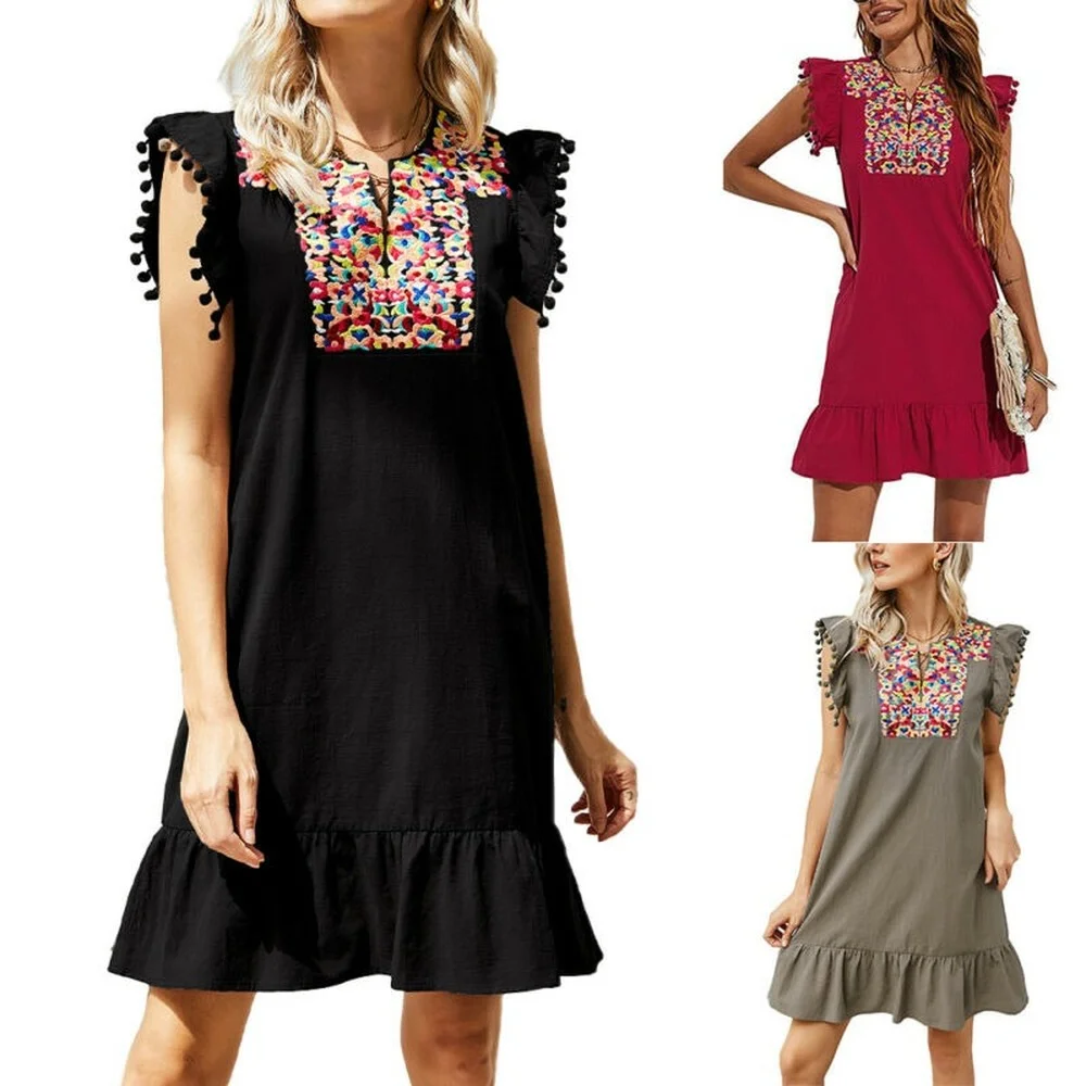 

2021 summer women's street retro dress short sleeve slim fit elegant embroidery print Pullover loose fashion V-neck shirt