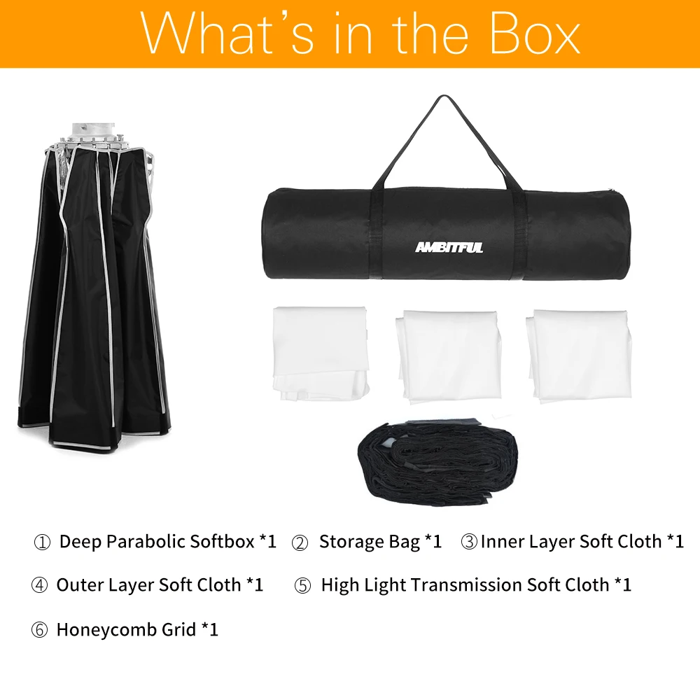 Параболический глубокий софтбокс AMBITFUL P90 быстросъемный + сотовая сетка для Bowens