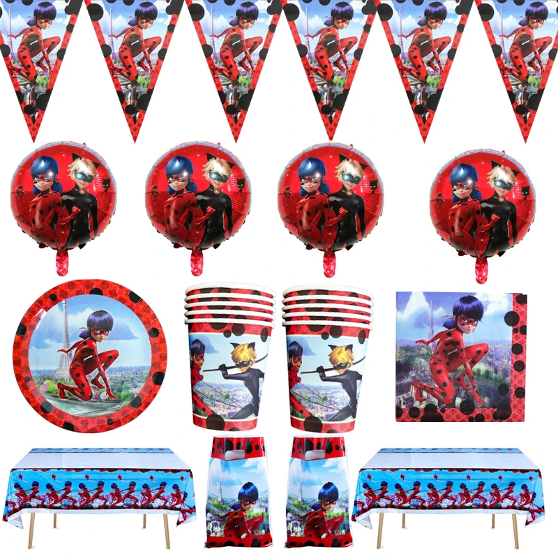 

65 шт./лот Божья коровка Мультяшные тематические пакеты для лота фольгированные воздушные шары украшения скатерти салфетки чашки тарелки ба...