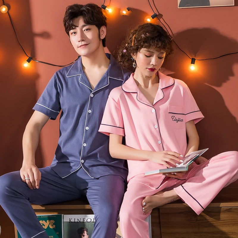 

Couple Pajamas Sets Plus Size 3XL 4XL 5XL Sleepwear Men Homeclothes Short Sleeve Long Pants Male Loose Elastic Women Pajamas Set