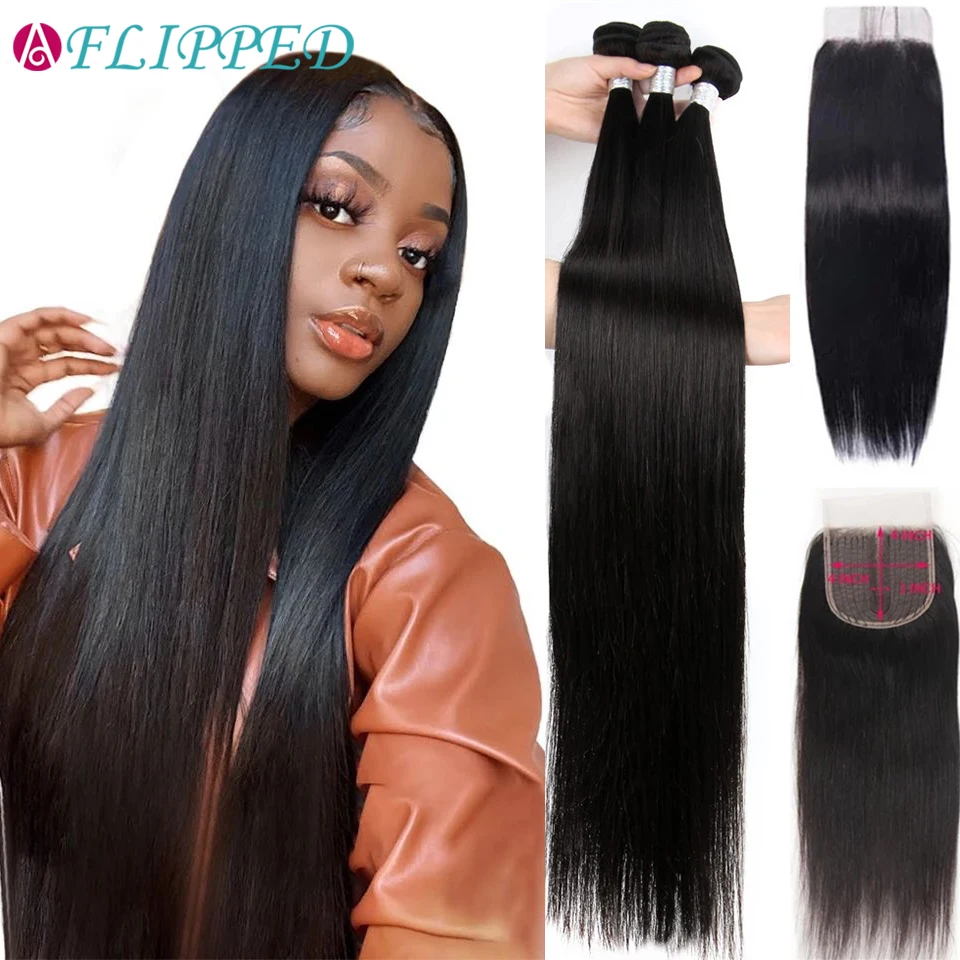 Long Bone Straight Human Hair Bundles With Closure Pre Plucked Brazilian Hair Weave Bundles With Closure Remy Extension 36 Inch