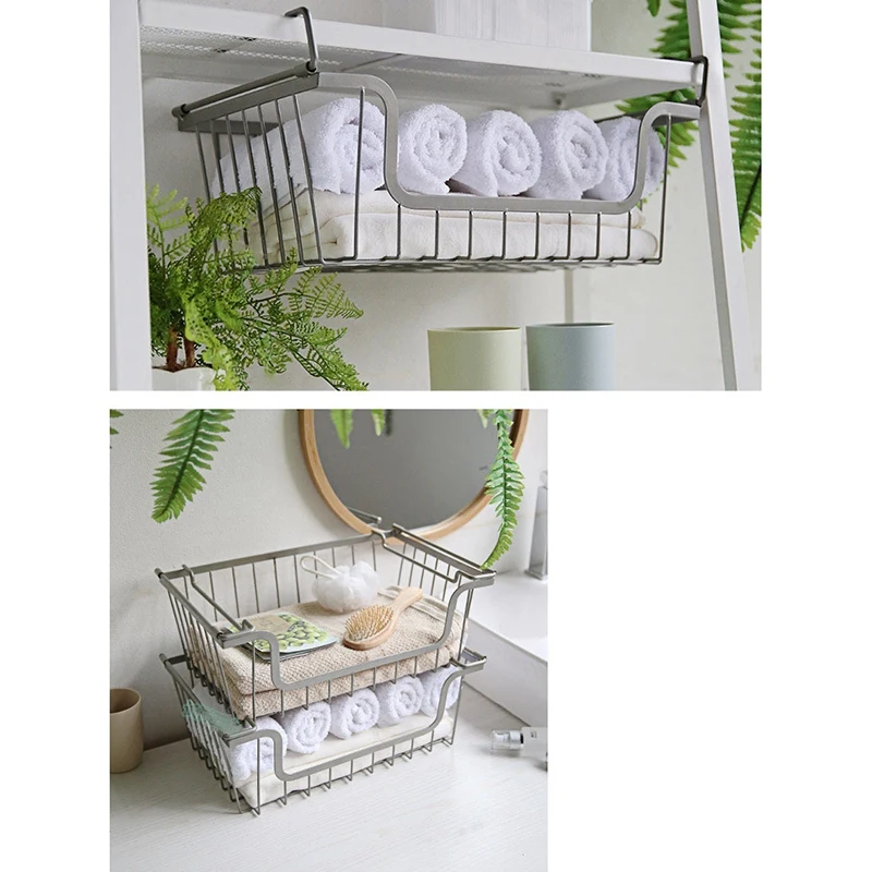 

Modern Farmhouse Metal Wire Household Stackable Storage Organizer Bin Basket with Handles, for Kitchen Cabinets, Pantry