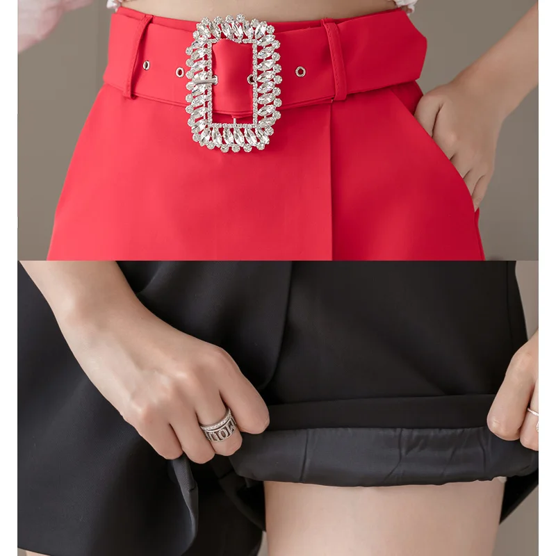 

Summer Black Shorts Women Diamond High Waist A-Line Wide Leg Skirts Shorts Lady Elegant Short Pants Irregular shorts feminino