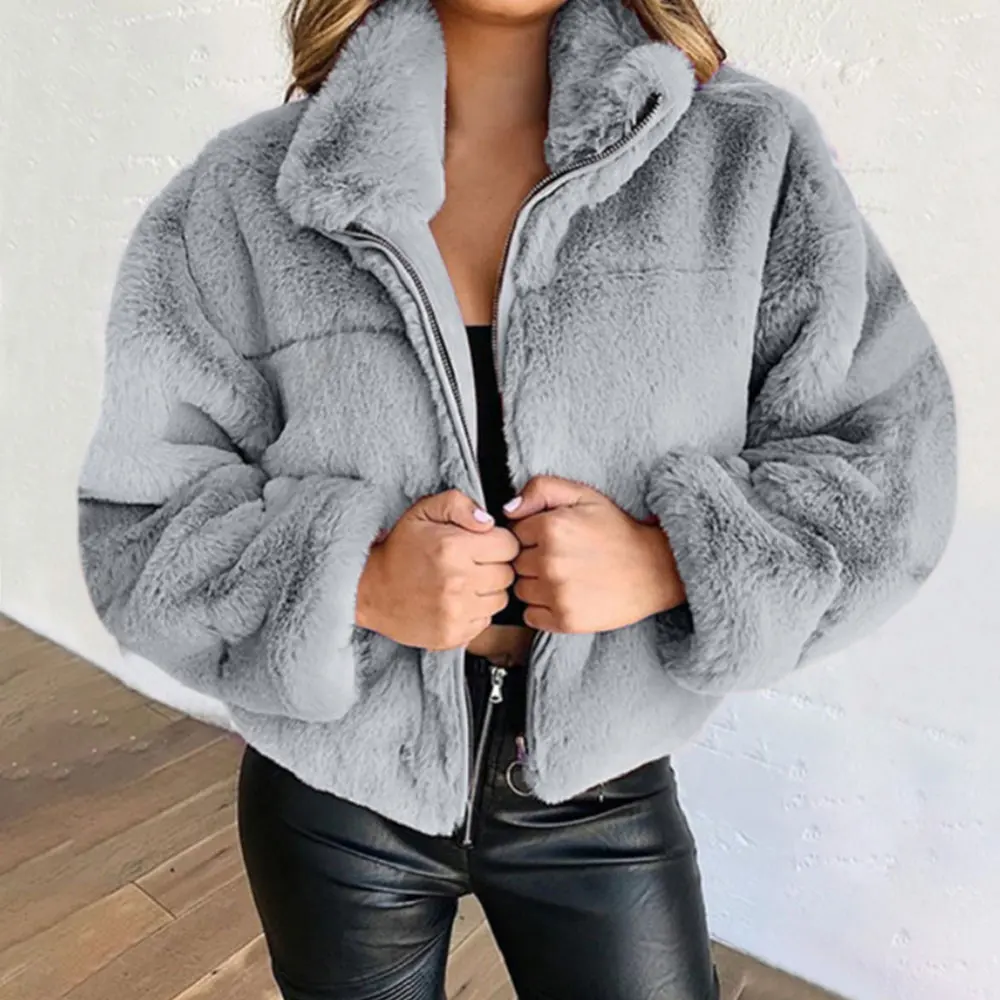 Warm Women Oversized Jacket Solid Color Fleece Tops Cropped Female Overcoat Fluffy Faux Fur Teddy Blouse Harajuku Streetwear