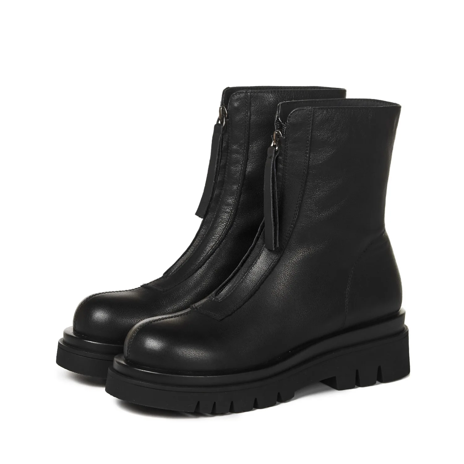 

heel medium new leather head Autumn and winter women's boots round heel shoes metal waterproof platform