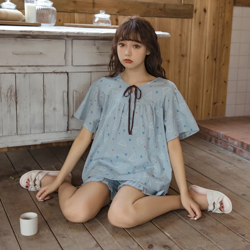 

Cotton Summer Short Sleeve Sleepwear Female O-neck Nightwear Print Bow Bandage Pajamas Sets 2PCS Sweet Princess Pyjamas Homewear