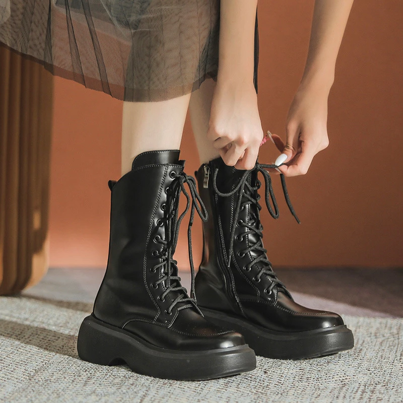 

2021 Brand Design Leather Ankle Boots Women's Autumn Shoes Mid Calf Black Ladies Thick Bottom Motorcycle Boots Height Increasing