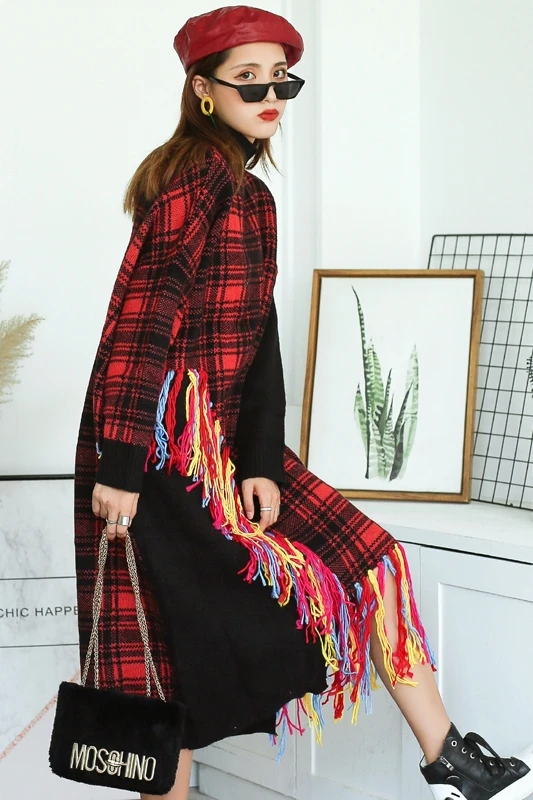 

Fat mm plus size temperament trendy knitted dress autumn and winter new fashion tassel hem plaid mid-length sweater