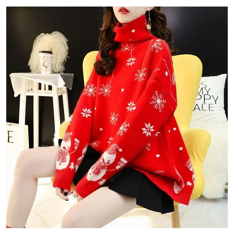 Рождественская красная водолазка пуловер свитер женская новая осенне-зимняя