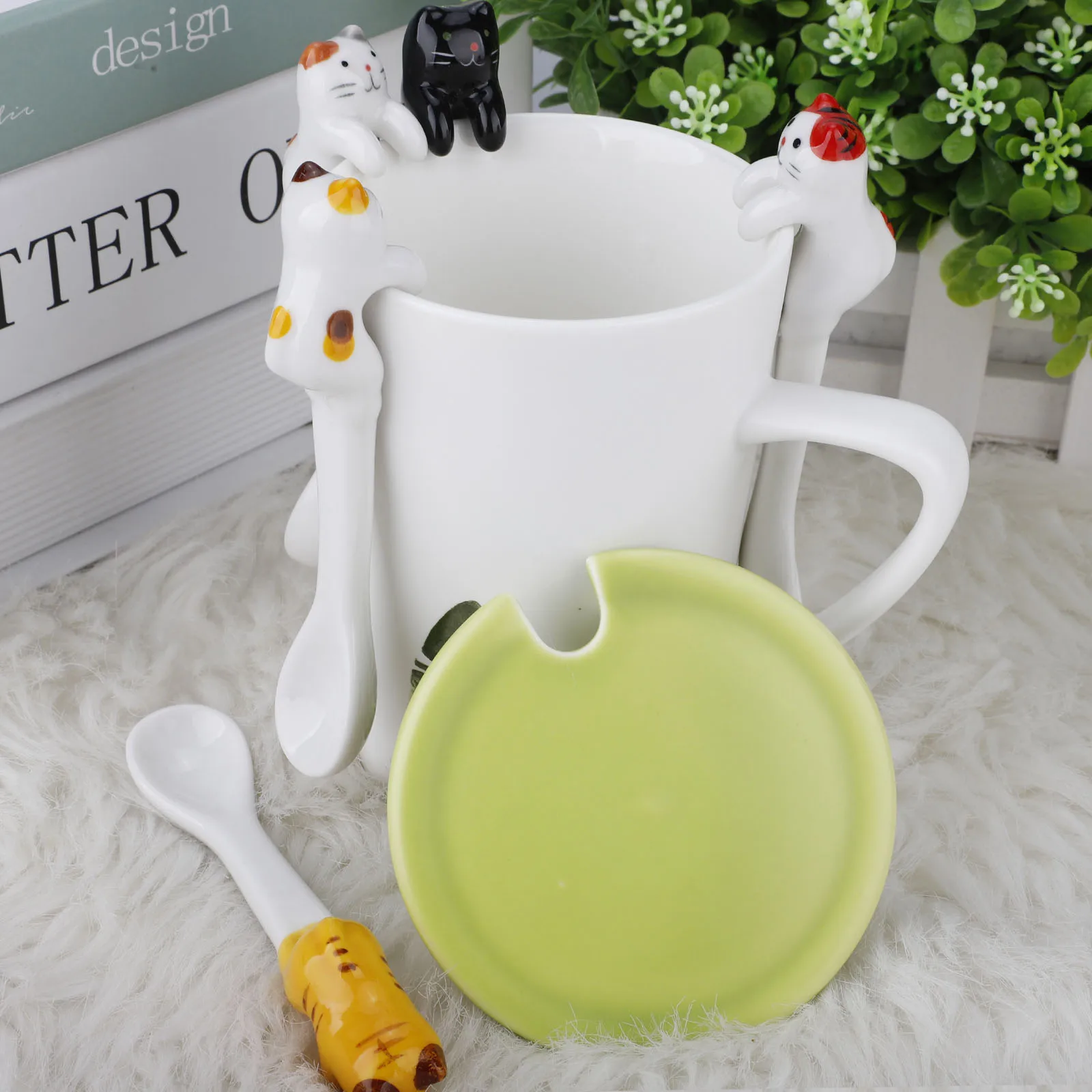 Hot sale Ceramic Cartoon Cute Cat Animal Spoon Hanging Coffee Dessert Unique Ice Cream Flatware Kitchen Tool Novelty Gift | Дом и сад