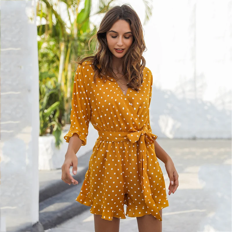 

Foridol Half Sleeve Polka Dot Yellow Rompers Overalls for Women Wide Leg Casual Sash Beach Boho Summer Playsuits Short Jumpsuit