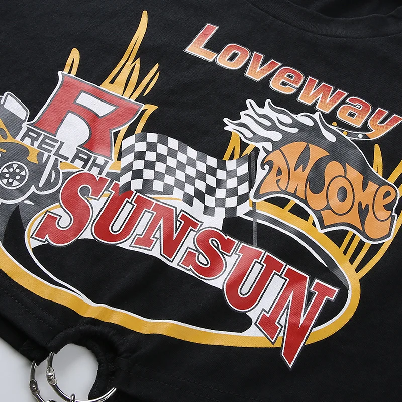 

2020 Hip Hop Korean Punk Short Sleeve Tshirt Women Harajuku Cotton Ladies Printed Top with Chains Streetwear Summer