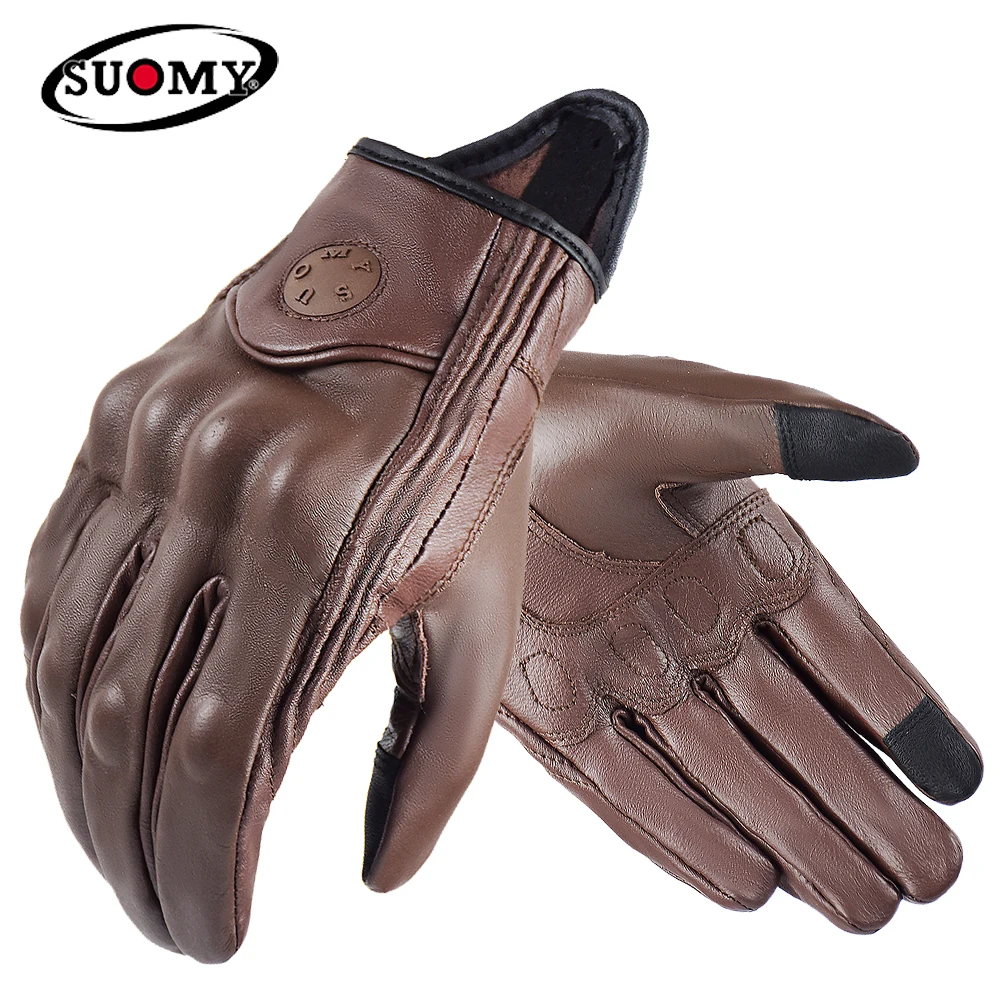 

Suomy Vintage Leather Motorcycle Gloves Full Finger Motorbike Equipment Women Men Brown ATV Rider Sports Protect Glove Guantes