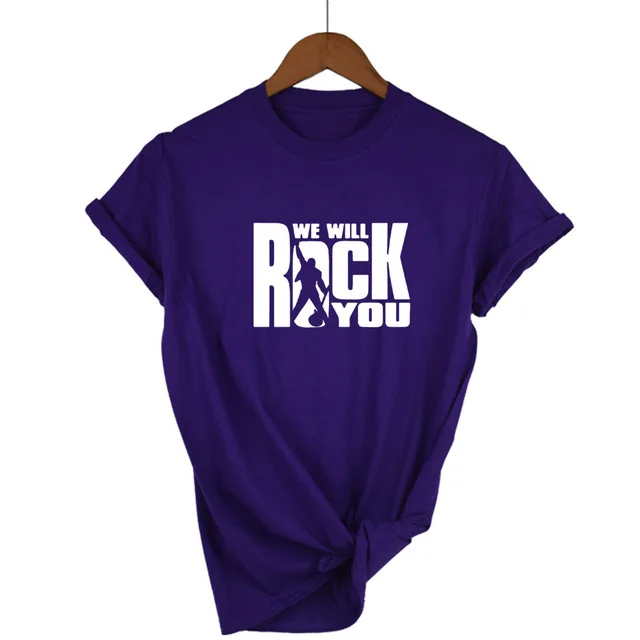 Purple-W We Will Rock You Женская Футболка Летний стиль королева рок группа футболка короткий рукав хлопок рок-ролл женские топы - Цвет: Purple-W