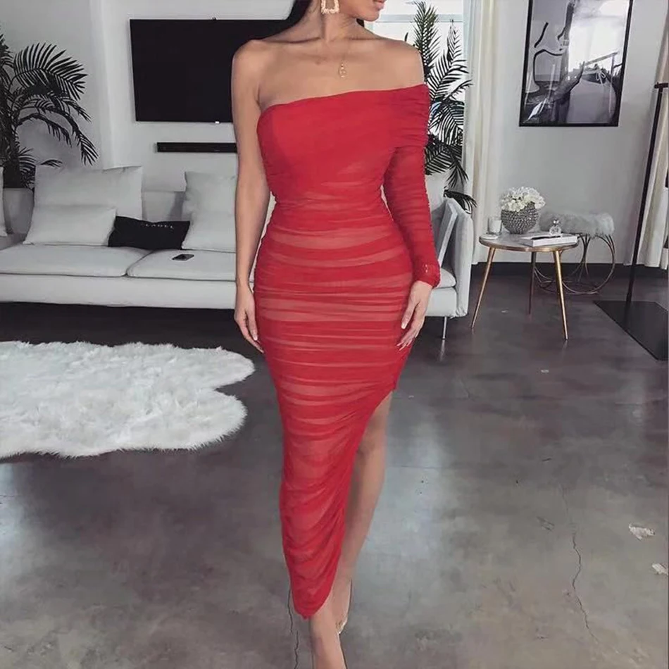 2019 Fashion Midi Women'S Bandage Dress Winter New Sexy One Shoulder Long Sleeve Bodycon Club Celebrity Evening Party Vestidos | Женская